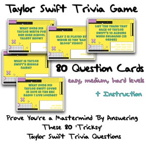 Preguntas de trivia sobre Taylor / Juego de cartas digital de descarga de T Swift / Juegos de fiesta para niños Swiftie / Paquete de juegos de fiesta de Taylor / Fiesta de cumpleaños de T Swift