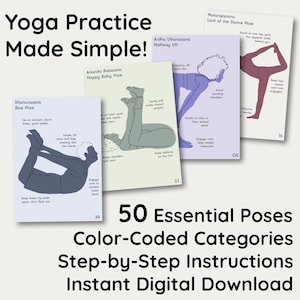 50 Yoga Pose Cards – Digital Download, Printable Yoga Deck, Illustrated Yoga Flashcards, Yoga Flow Builder, Beginner to Advanced