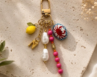 Custom Initial Coastal Bag Charm | Personalized Beaded Keychain | Lemon Crab Purse Charm | Summer Beach Bag Accessory | Initial Letter Charm