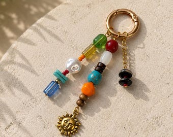 Colorful Boho Keychain Charm | Sun Charm Beaded Keychain | Eclectic Purse Charm | Indie Aesthetic Bag Accessory