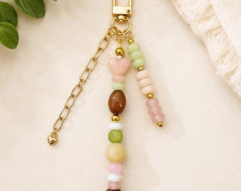 Green Pink Beaded Keychain with Gold Chain, Handmade Gemstone Keychain,  Bag Charm, Aesthetic Purse Charm, Gift for Her