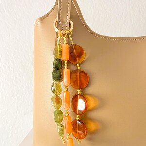 Earth Tone Beaded Bag Charm | Handmade Boho Purse Charm | Amber Green Keychain | Gold Handbag Accessory | Aesthetic Bag Charm | Gift for Her image 8