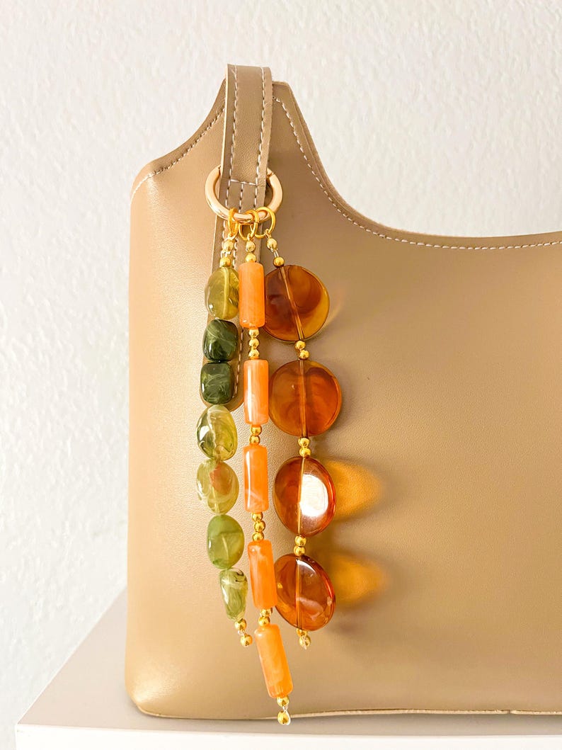 Earth Tone Beaded Bag Charm | Handmade Boho Purse Charm | Amber Green Keychain | Gold Handbag Accessory | Aesthetic Bag Charm | Gift for Her image 8