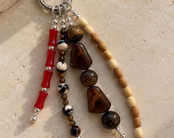 Beaded Bag Charm, Earthy Boho Purse Charm, Brown and Red Beaded Keychain, Neutral Handbag Accessory, Bohemian Bag Jewelry
