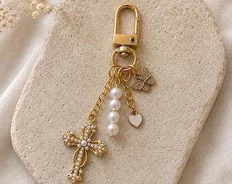 Elegant Pearl Cross Keychain, Gold Charm Keyring, Purse Chain Accessory,  Gift for Her, Christian Keychain,Wallet Keychain Backpack keychain
