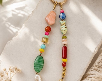 Colorful Boho Beaded Keychain, Handmade Purse Charm, Coastal Bag Accessory, Trendy Artisan Key Ring, Bright Retro Bead Charm Gift for Women