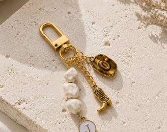 Western Cowboy Boot Keychain, Custom Initial Charm, Cowgirl Hat Keychain, Personalized Western Gift, Rodeo Style Bag Charm