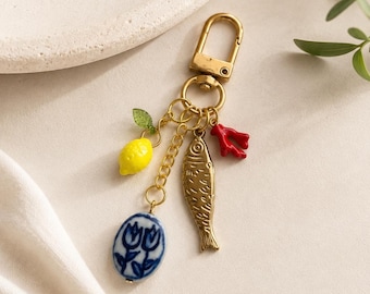 Mediterranean Charm Keychain, Fish Lemon Coral Keychain, Italian Summer Keychain, Coastal Bag Charm, Sardine Charm Keychain, Summer Keychain