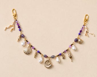 Coastal Bag Chain Charm | Purple Beaded Purse Chain | Seashell Handbag Charm | Ocean Inspired Bag Accessory | Pearl Bag Jewelry Gift for Her