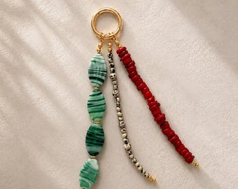 Green Gemstone Beaded Bag Charm Keychain | Red Coral Bead Purse Charm | Gold Keychain Charm | Handmade Bag Accessory | Boho Gift for Her