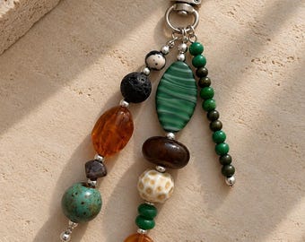 Green Beaded Bag Charm, Boho Purse Charm, Earthy Beaded Keychain, Chunky Handbag Accessory, Eclectic Bag Jewelry, Gift for Her
