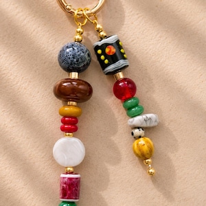 Colorful Beaded Bag Charm, Handmade Boho Keychain, Multicolor Bead Purse Charm, Gold Key Ring, Eclectic Statement Handbag Accessory
