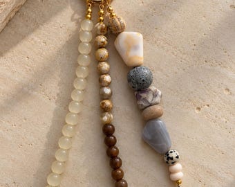 Neutral Beaded Bag Charm, Cream and Brown Boho Purse Charm, Gold Keychain, Earthy Handbag Accessory, Minimalist Bag Jewelry Gift