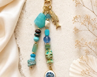 Coastal Beaded Bag Charm Keychain, Ocean Inspired Purse Charm, Turquoise Fish Keychain, Beachy Handbag Accessory, Seashell Charm