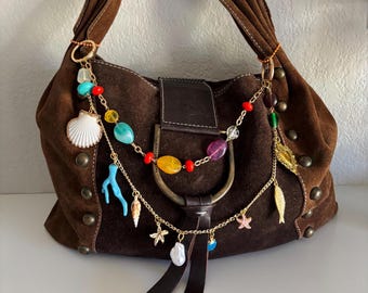 Colorful Coastal Bag Charm Chain, Beaded Purse Charm, Seashell Starfish Charm Chain, Gold Layered Bag Jewelry, Beachy Statement Accessory