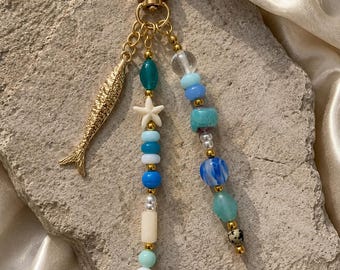 Ocean Charm Bag Charm Keychain, Coastal Beaded Purse Charm, Sardine Fish Charm, Sea Glass Style Keychain, Beach Lover Gift