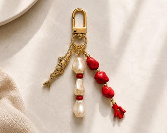 Red Coral Fish Bag Charm, Coastal Boho Purse Charm, Pearl Handbag Accessory, Mediterranean Beachy Keychain, Chinoiserie Style Bag Charm