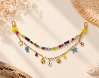 Colgante colorido para bolso de playa / Accesorio costero para correa de bolso / Cadena para bolso con cuentas / Joyería para bolso con forma de estrella de mar y caballito de mar