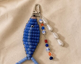 Blue Fish Bag Charm Keychain | Coastal Beaded Purse Charm | Sardine Charm Accessory | Mediterranean Oceancore Handbag Charm
