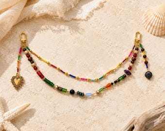 Colorful Boho Bag Chain Charm | Beaded Purse Accessory | Eclectic Handbag Charm | Heart Charm Purse Chain