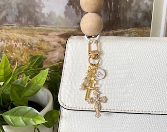 Choose Your Initial Personalized Gold Cross & Pearl Keychain – Custom Letter Charm Keychain, Religious Gift for Her, Gold Charm Keyring