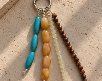Turquoise Beaded Bag Charm, Boho Purse Charm, Brown and Yellow Beaded Keychain, Earthy Handbag Accessory, Western Boho Bag Jewelry