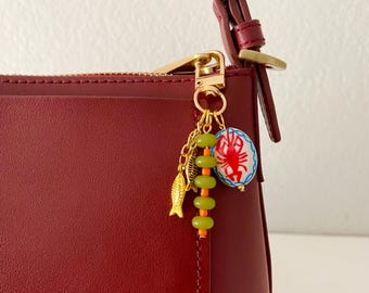 Colored Beaded Keychain with Ceramic Lobster Charm, Gold Fish Accent, and Colored Beads, Handmade Ocean Keychain, Purse Keychain