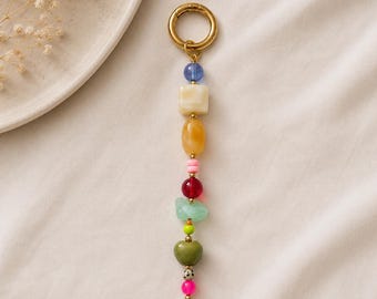 Boho Beaded Bag Charm, Handmade Purse Charm, Neutral Handbag Accessory, Colorful Beaded Keychain, Artisan Bag Jewelry