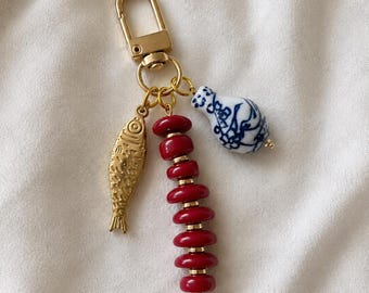 Red Beaded Keychain- Gold Sardine keychain, Italian Summer Charm Bag, Blue And White Porcelain Bead With Traditional Patterns