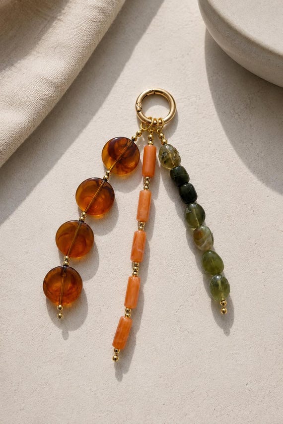 Earth Tone Beaded Bag Charm | Handmade Boho Purse Charm | Amber Green Keychain | Gold Handbag Accessory | Aesthetic Bag Charm | Gift for Her