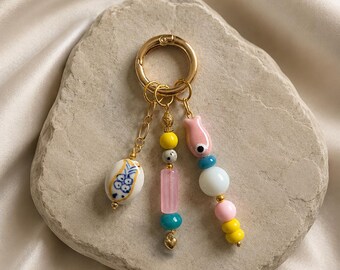 Summer Beaded Keychain Charm | Colorful Purse Charm | Handmade Bag Accessory | Pastel Bead Keychain | Gold Charm Key Holder