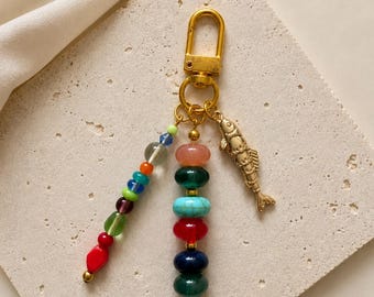 Colorful Beaded Bag Charm, Handmade Purse Charm, Boho Keychain, Gold Fish Charm, Handbag Accessory, Backpack Charm, Beach Bag Keychain