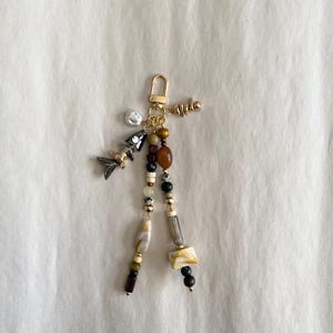 Handmade Natural Stone Beaded Keychain, Boho Earth Tone Bag Charm