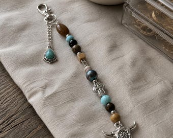 Western Cow Skull Keychain | Turquoise Boho Bag Charm | Southwestern Purse Accessory | Rustic Cowgirl Keychain | Handmade Western Charm
