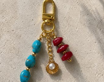 Turquoise Coral Keychain Charm | Coastal Boho Keychain | Seashell Pearl Bag Charm | Beachy Purse Keychain Accessory | Cute Summer Gift