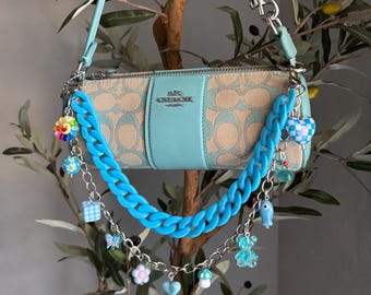 Blue Kawaii Bag Charm Chain, Cute Purse Chain Accessory, Chunky Blue Handbag Chain, Y2K Bag Charm, Pastel Purse Accessory, Heart Charm Chain