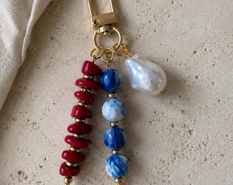 Red Coral Beaded Keychain, Blue Marbled Beads and Baroque Pearl Charm, Handmade Coastal Keychain, Gold Bag Charm, Ocean-Inspired Gift