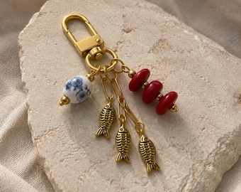 Fish Charm Bag Charm Keychain, Red Stone Purse Charm, Gold Coastal Handbag Accessory, Porcelain Charm, Ocean Style Keychain, Tote Keychain