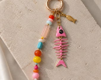 Pink Fishbone Charm, Colorful Beaded Bag Charm Keychain, Handmade Colorful Jewelry, Gift for Her, Summer Keychain, Purse Keychain