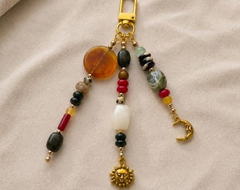 Sun & Moon Bag Charm Keychain | Celestial Beaded Purse Charm | Handmade Boho Bag Accessory | Cosmic Charm Keychain | Astrology Gift for Her
