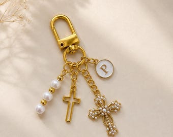 Choose Your Initial Personalized Gold Cross & Pearl Keychain – Custom Letter Charm Keychain, Religious Gift for Her, Gold Charm Keyring