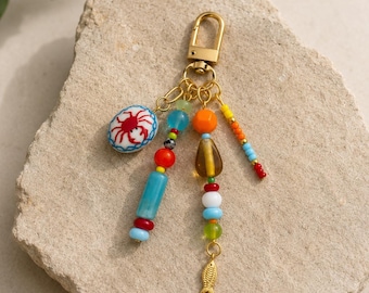 Colorful Beaded Keychain with Crab Charm, with Gold Fish Charm, Gold Clip Keychain, Handmade Purse Accessory, Unique Gift for Her
