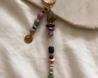 Boho Beaded Bag Charm, Colorful Gemstone Purse Charm, Handmade Bag Accessory, Gold Keychain Charm, Crystal Beaded Keychain
