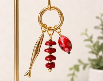 Red Coral Fish Bag Charm Keychain, Gold Fishbone Purse Charm, Handmade Beaded Keychain, Coastal Ocean Style Bag Accessory