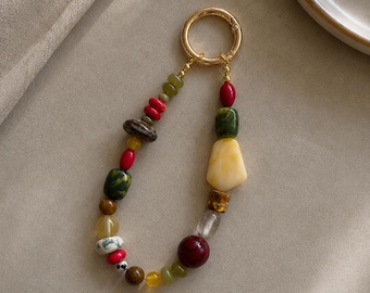 Olive Green Beaded Bag Charm, Handmade Purse Charm, Earth Tone Keychain, Boho Handbag Accessory, Gold Key Ring Charm