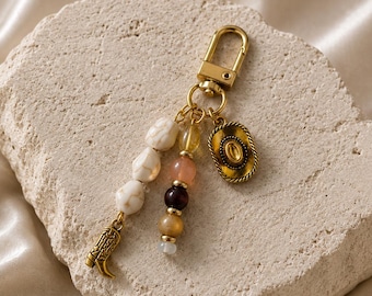 Western Cowboy Charm Keychain with Gold Hat and Boot, Rustic Beaded Stones, Western Bag Beaded Charm Keychain, Cowgirl Gift Keychain