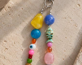 Colgante para bolso con cuentas de colores, colgante para bolso estilo boho rosa y azul, llavero con cuentas gruesas, accesorio maximalista para bolso, joyería para bolso estilo Y2K