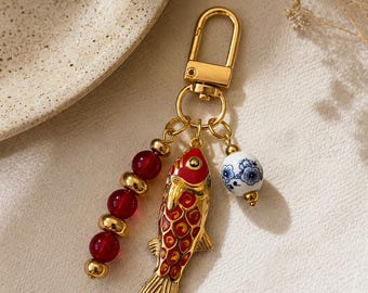 Gold Fish Keychain Charm | Red Koi Fish Bag Charm | Handmade Beaded Keychain |  Purse Charm Accessory | Lucky Fish Key Holder