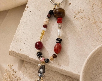 Boho Fishbone Beaded Keychain, Handmade Coastal Bag Charm, Vintage Style Purse Charm, Rustic Earth Tone Key Ring