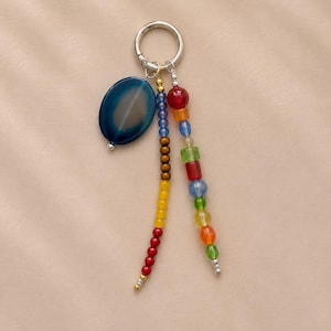 Colorful Beaded Bag Charm, Blue Agate Stone Keychain, Multicolor Bead Purse Charm, Handmade Boho Handbag Accessory, Statement Bag Charm